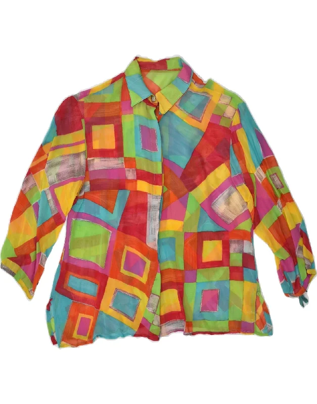 VINTAGE Womens Shirt Blouse UK 12 Medium Multicoloured Geometric Soft Silk Short Sleeve VINTAGE Womens Shirt Blouse UK 12 Medium Multicoloured Geometric Soft Silk Short Sleeve