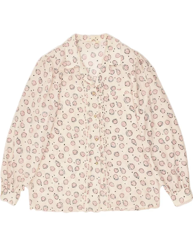 VINTAGE Womens Shirt Blouse UK 14 Medium Beige Floral Polyester Cozy Cotton Short Tee