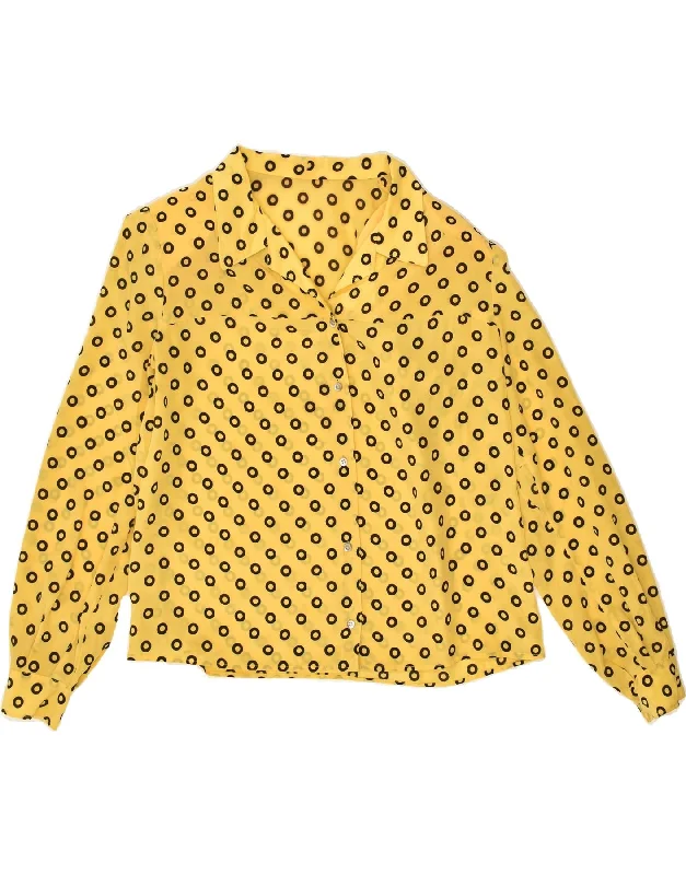 VINTAGE Womens Shirt Blouse UK 16 Large Yellow Spotted Soft Silk Short Sleeve