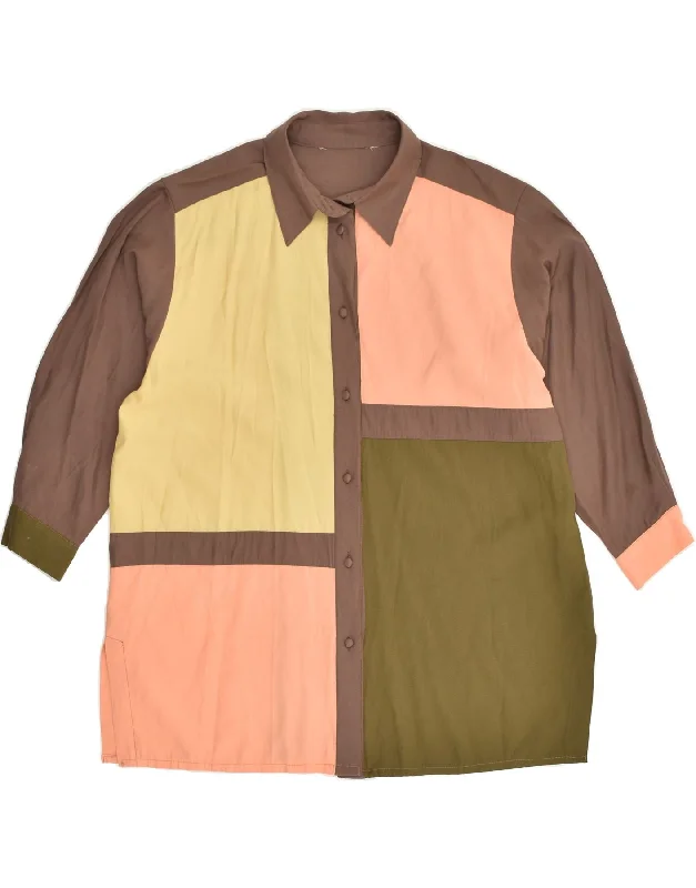VINTAGE Womens Shirt Blouse UK 18 XL Brown Colourblock Cozy Linen Short Shirt