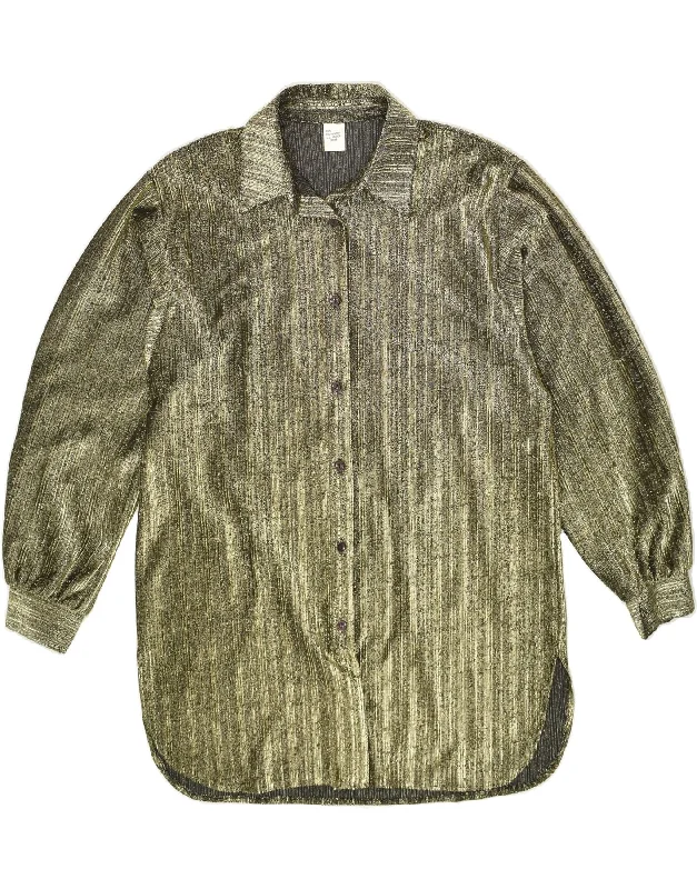 VINTAGE Womens Shirt EU 38 Medium Green Lurex Casual Ruffle Short Shirt