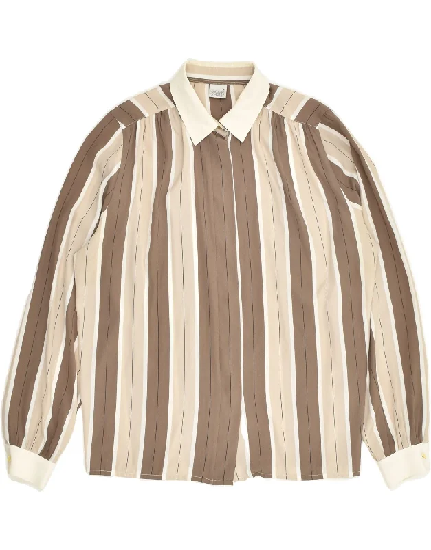 VINTAGE Womens Shirt EU 40 Medium Brown Striped Polyester Chic Embellished Short Sleeve VINTAGE Womens Shirt EU 40 Medium Brown Striped Polyester Chic Embellished Short Sleeve