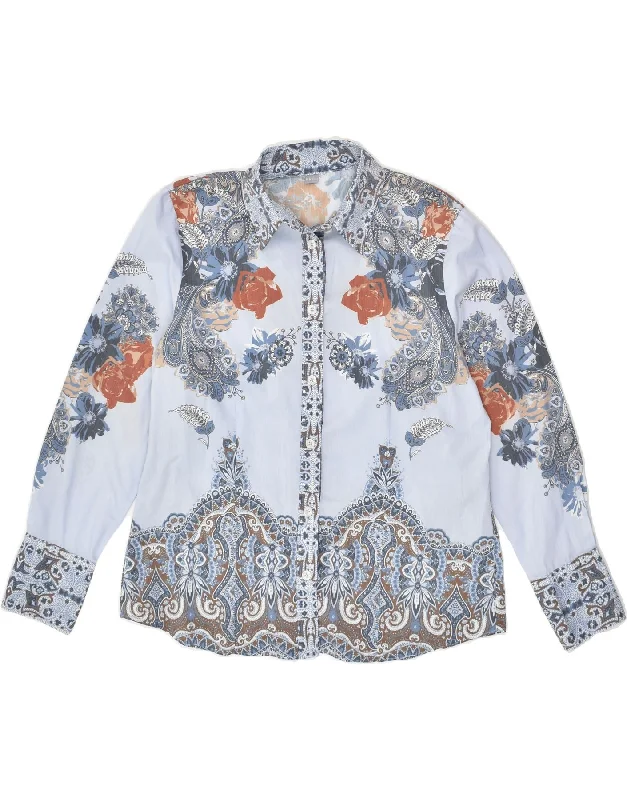 VINTAGE Womens Shirt EU 42 Large Blue Paisley Polyester Trendy Button-Front Short Sleeve
