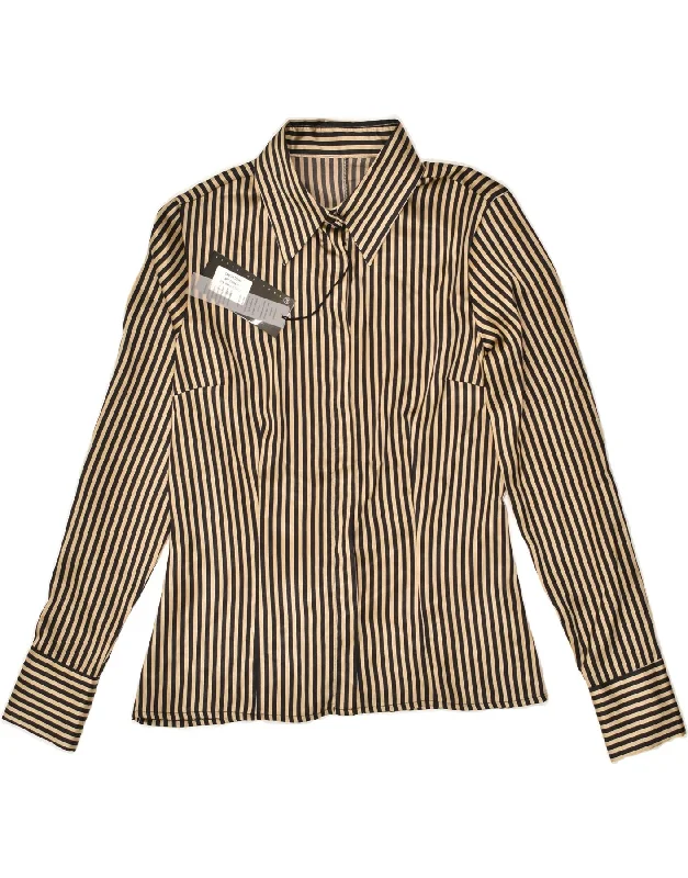 VINTAGE Womens Shirt IT 44 Medium Beige Striped Polyester Casual Boxy Short Shirt