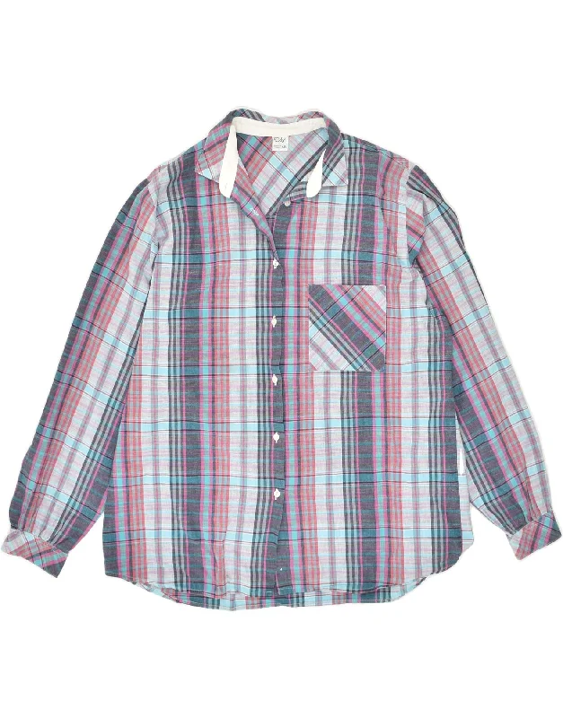 VINTAGE Womens Shirt IT 48 XL Blue Check Relaxed Fit Short Blouse