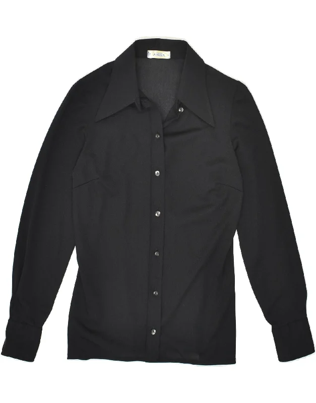 VINTAGE Womens Shirt UK 12 Medium Black Stylish Short Sleeve Polo