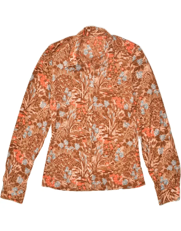 VINTAGE Womens Shirt UK 12 Medium Brown Floral Fashionable Button-Front Short Sleeve