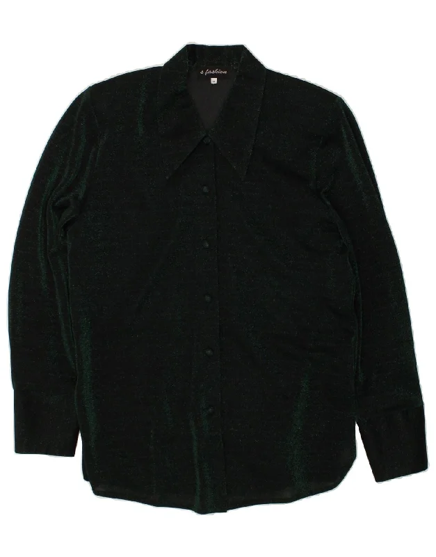 VINTAGE Womens Shirt UK 12 Medium Green Chic V-Neck Short Blouse