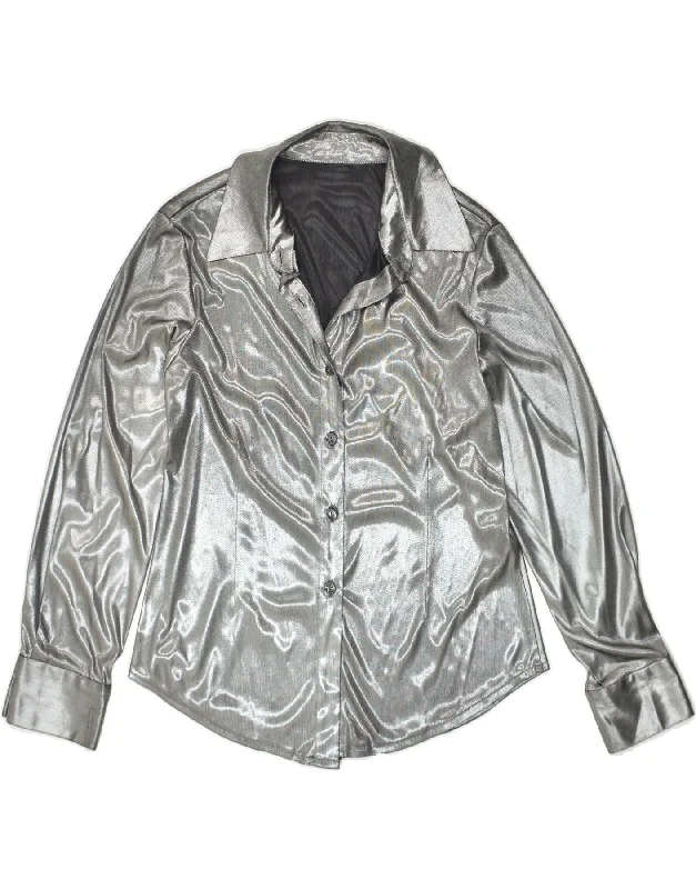 VINTAGE Womens Shirt UK 12 Medium Silver Fashionable Button-Front Short Sleeve