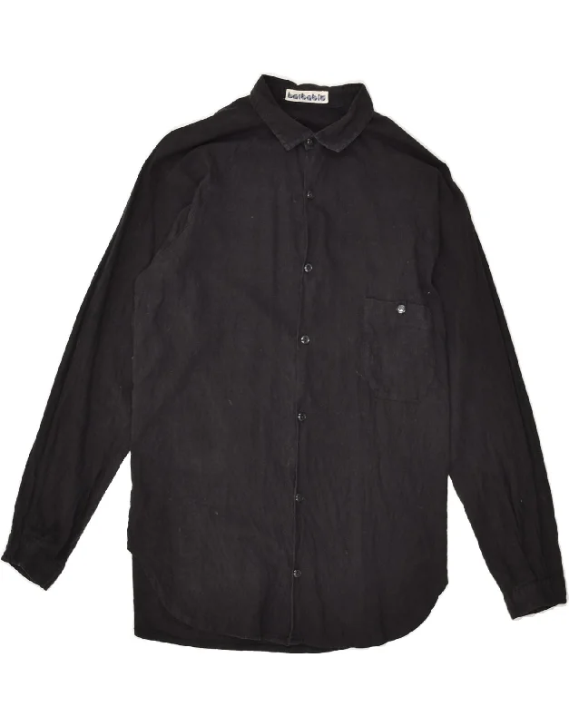 VINTAGE Womens Shirt UK 14 Large Black Relaxed Fit Short Blouse