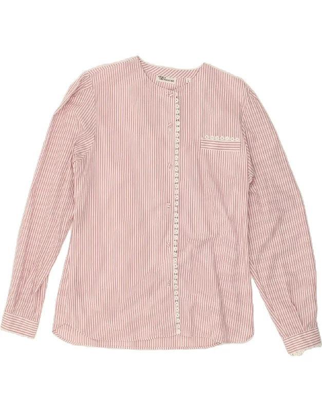 VINTAGE Womens Shirt UK 14 Large Pink Striped Cotton Stylish Striped Short Sleeve