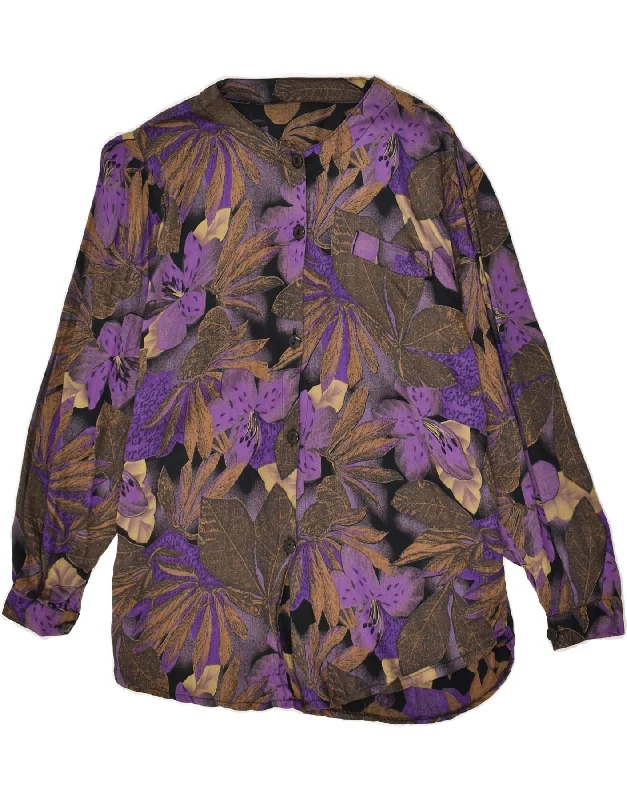 VINTAGE Womens Shirt UK 16 Large Purple Floral Classic Short Sleeve Blouse