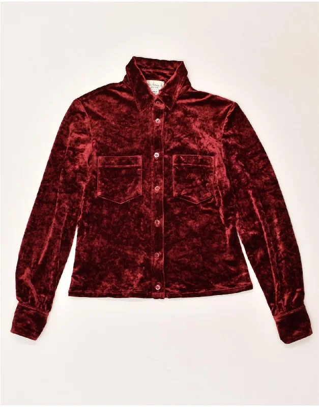 VINTAGE Womens Shirt UK 6 XS  Burgundy Acetate Fashionable Pleated Short Shirt