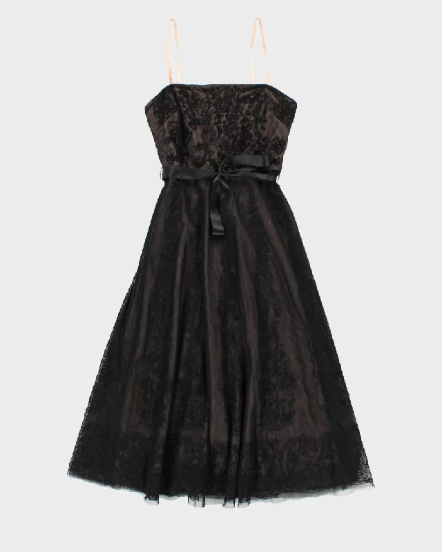 00s BCBG MaxAzria Mesh Embroidered Ribbon Belted Midi Dress - XS Elegant V-Neck Midi Dress