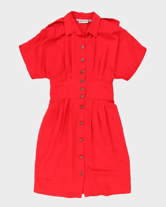 00s Red Midi Dress - L Elegant Pleated Sleeve Midi Dress