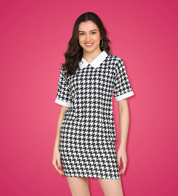 Women's Houndstooth Print Contrast Collar Short Sleeve Bodycon Mini Dress Elegant Tulle Mini Dress Women's Houndstooth Print Contrast Collar Short Sleeve Bodycon Mini Dress Elegant Tulle Mini Dress