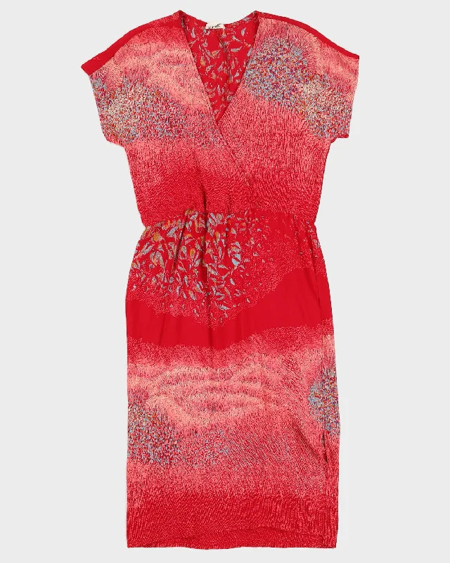 1990s Red Patterned Midi Dress - S / M Trendy Ruffle Hem Midi Dress
