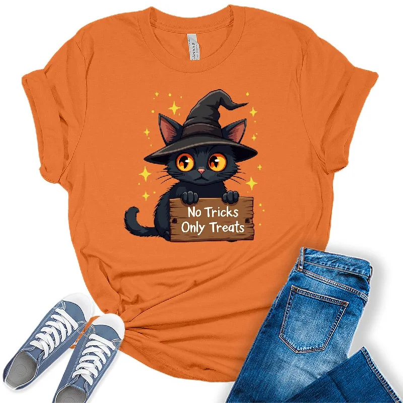 No Tricks Only Treats Halloween Cat Women's Graphic Tee Zippered Buttoned Snapped