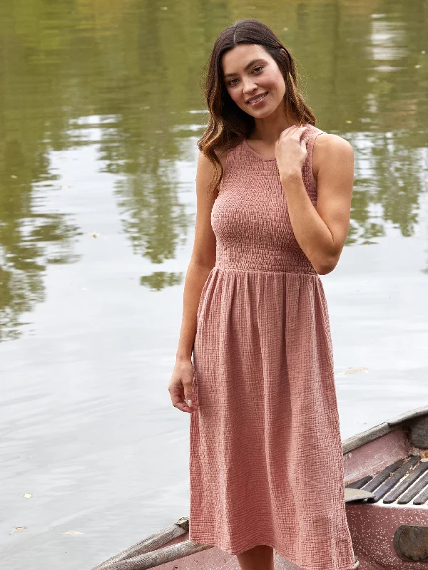 Adrienne Gauze Smocked Midi Dress Stylish Color Block Midi Dress