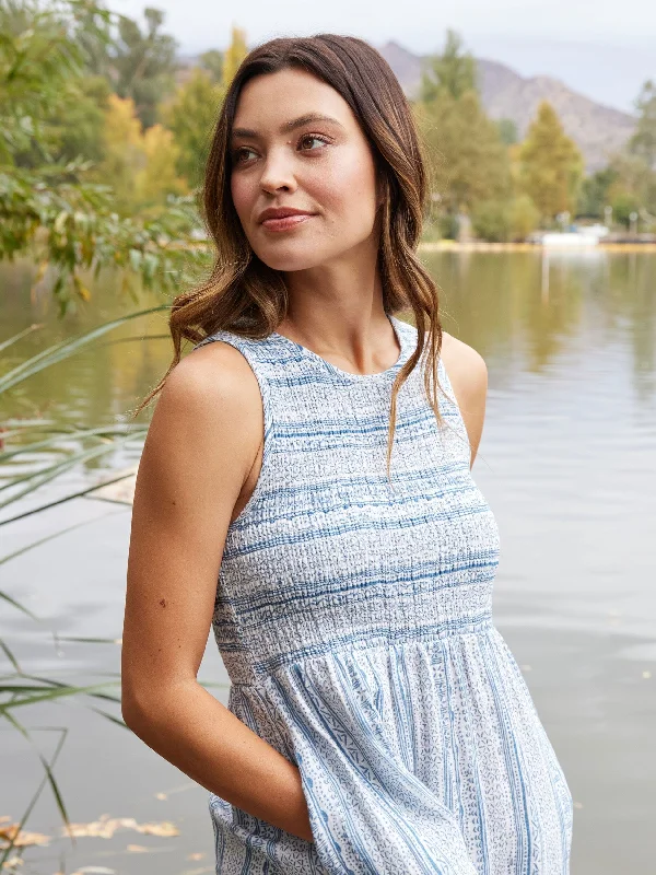 Adrienne Gauze Smocked Midi Dress Fashionable High-Neck Midi Dress
