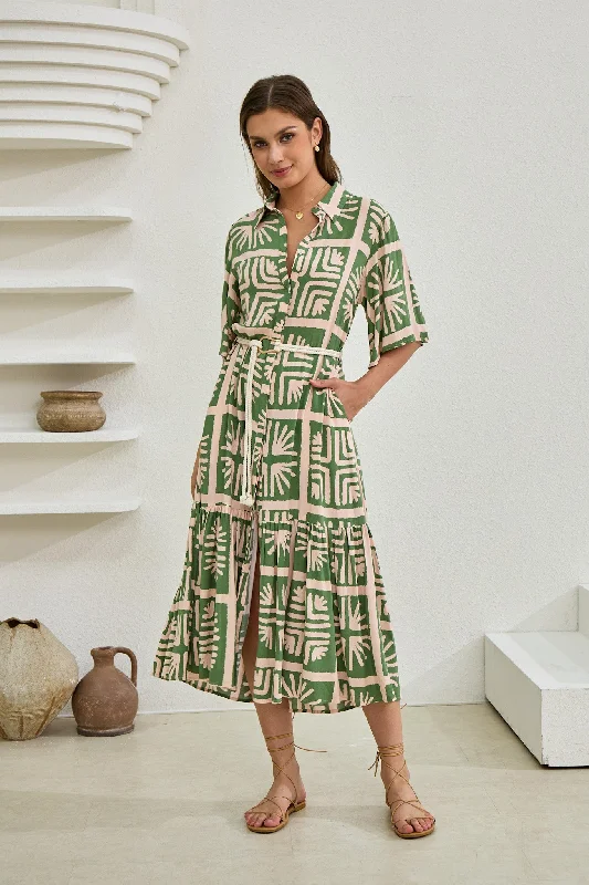 Ardenia Green Abstract Belted Midi Dress Trendy Knit Midi Dress