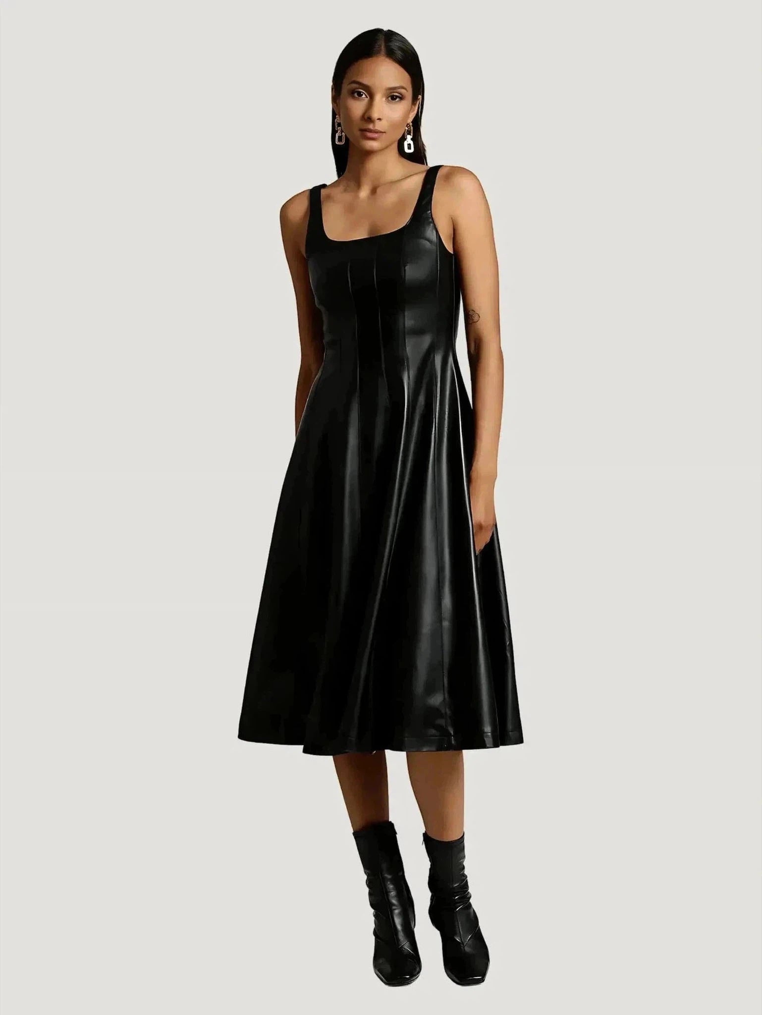 Avec Les Filles Faux-Ever Leather Fit-and-Flare Midi Dress Trendy Off-Shoulder Ruffle Midi Dress