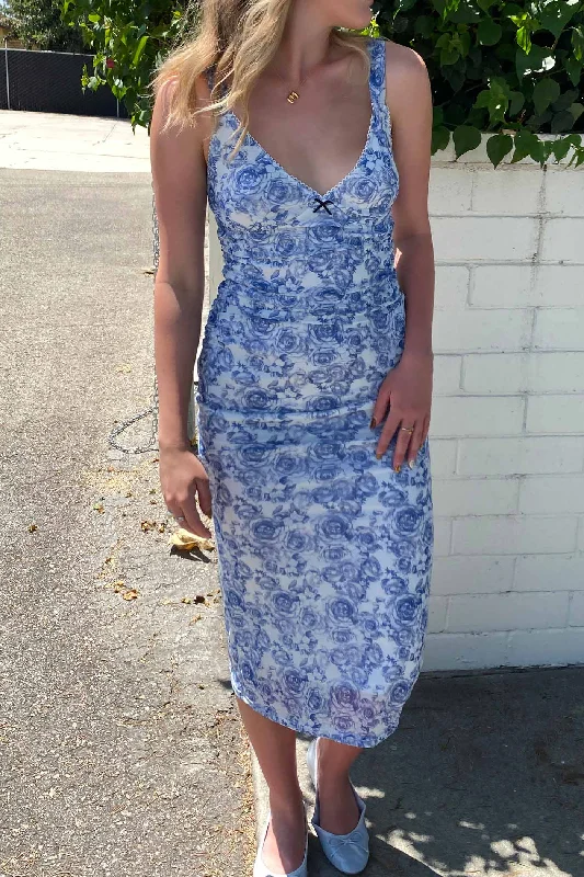 Floral Mesh Midi Dress Elegant Lace Trim Midi Dress