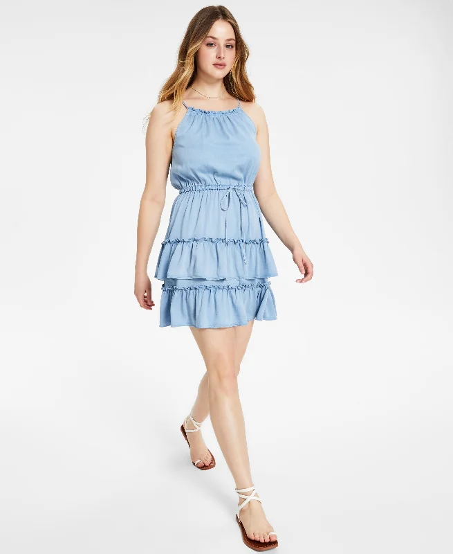 Bar III Womens Chambray Tie Waist Mini Dress Fashionable Mini Dress with Pockets