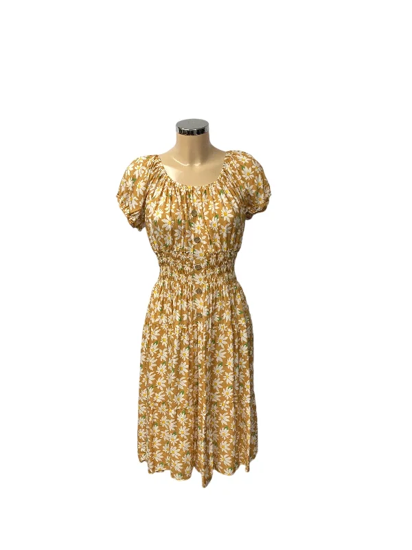 Beige Daisy Print Bardot Midi Dress Fashionable High-Neck Midi Dress