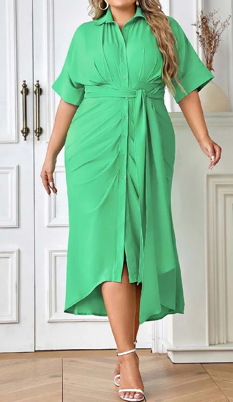 BATWING SLEEVE SHIRT MIDI DRESS IN GREEN Elegant Satin Slip Midi Dress