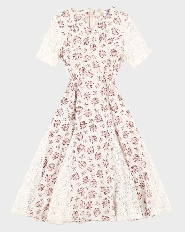 Beige With Pink Floral Pattern Midi Dress - S Comfortable Wrap Midi Dress