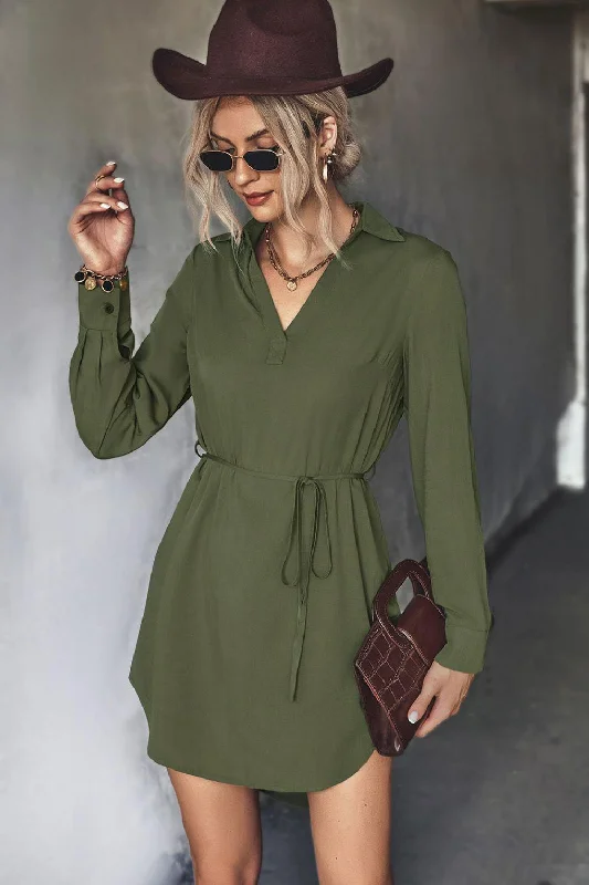 Belted Johnny Collar High-Low Shirt Mini Dress Elegant Vintage Mini Dress