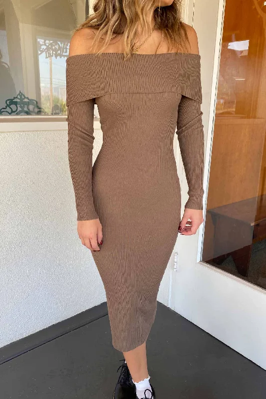 Fold Over OTS Midi Dress Trendy Shift Midi Dress