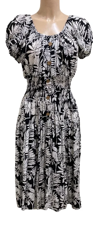Black And White Tropical Leaf Print Midi Dress Stylish Button-Up Midi Dress