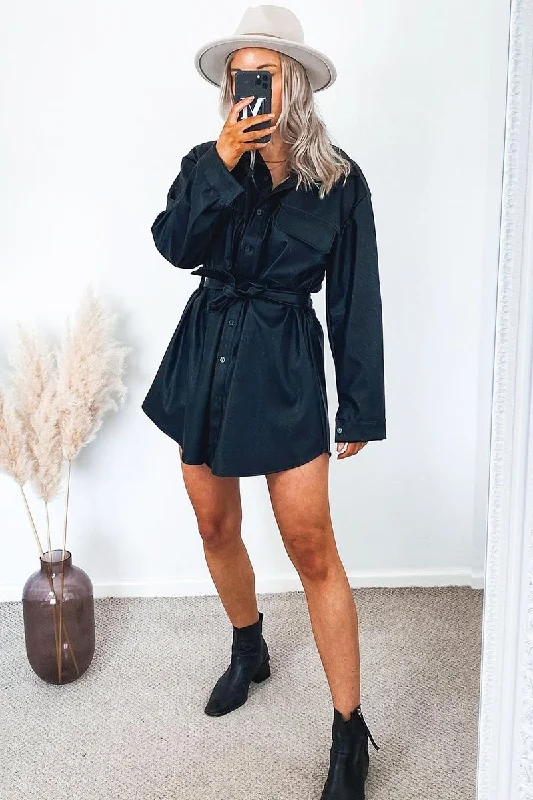 Black Faux Leather Belted Shirt Mini Dress - Alese Cozy Sweater Mini Dress