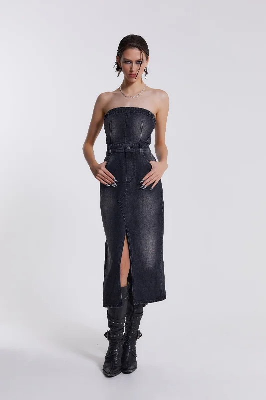 Liberty 2 In 1 Detachable Denim Black Midi Dress Fashionable Wide Leg Midi Dress