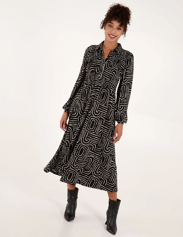 Shirred Bust Long Sleeve Shirt Midi Dress Trendy Ruched Side Midi Dress