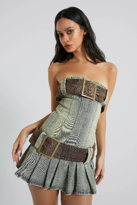 Chelsea Denim Kilt Mini Dress Trendy Lace Mini Dress