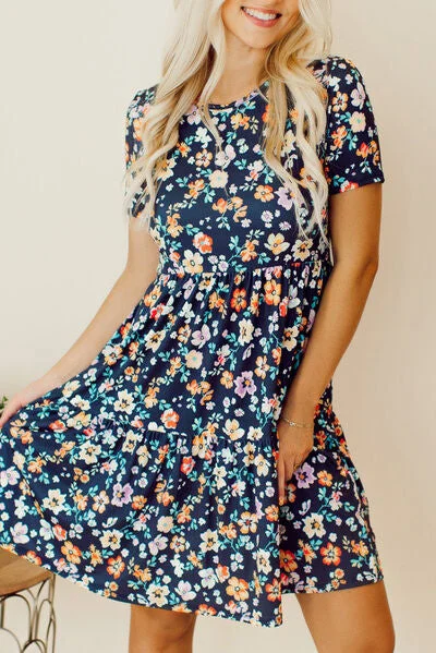 Blue Zone Planet | Floral Round Neck Short Sleeve Mini Dress Comfortable Off-Shoulder Mini Dress Blue Zone Planet | Floral Round Neck Short Sleeve Mini Dress Comfortable Off-Shoulder Mini Dress