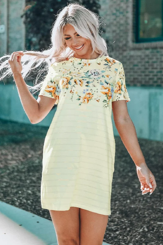 Blue Zone Planet | Floral Striped Short Sleeve Round Neck T-Shirt Dress Notch Collar Peter Pan Collar Cowl Neck Blue Zone Planet | Floral Striped Short Sleeve Round Neck T-Shirt Dress Notch Collar Peter Pan Collar Cowl Neck