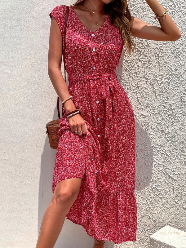 Blue Zone Planet |  Resort style printed ditsy short sleeve midi dress Trendy Floral Wrap Midi Dress