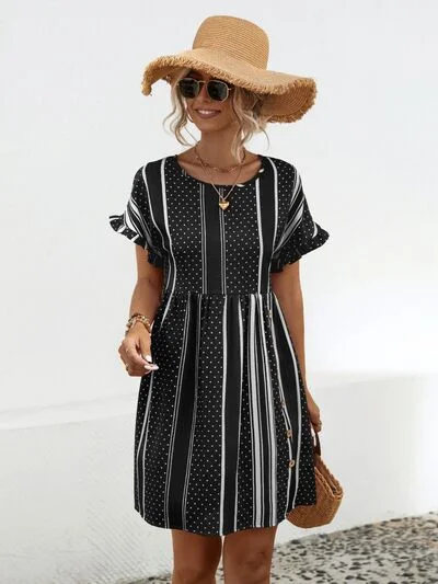 Blue Zone Planet |  Striped Polka Dot Frill Short Sleeve Mini Dress Stylish Sweetheart Neck Mini Dress