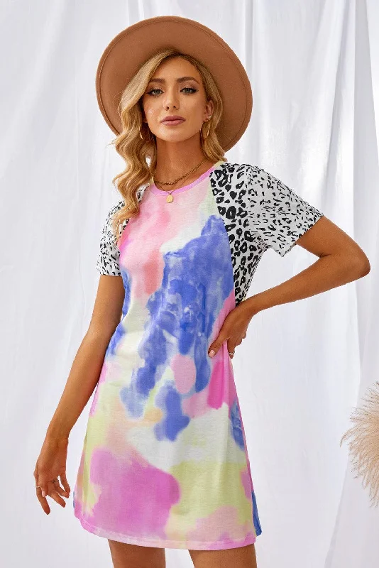 Blue Zone Planet | Tie-Dye Leopard Short Raglan Sleeve T-Shirt Dress Solid Print Embellished Blue Zone Planet | Tie-Dye Leopard Short Raglan Sleeve T-Shirt Dress Solid Print Embellished