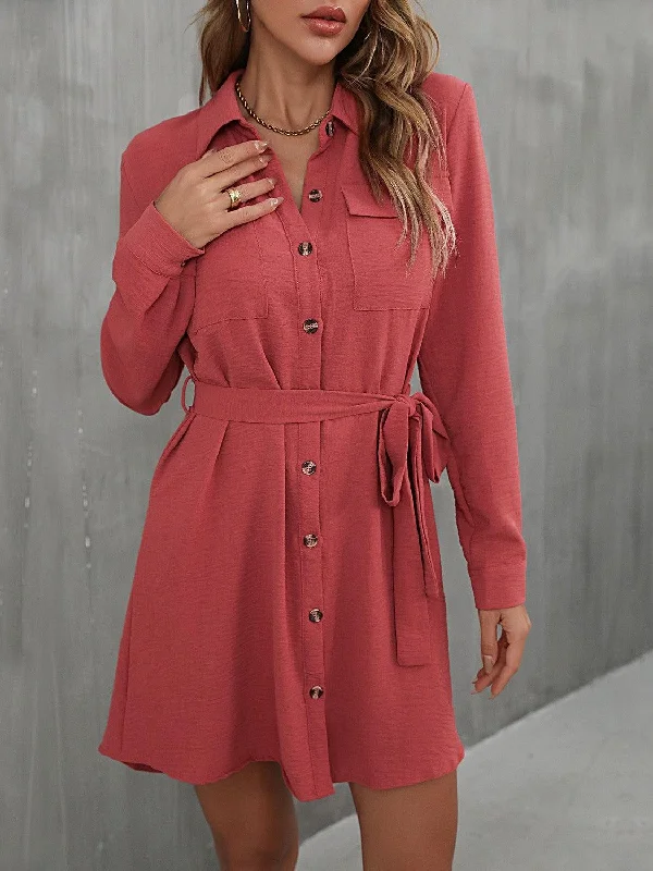 Button Down Belted Long Sleeve Shirt Mini Dress Fashionable Lace Mini Dress