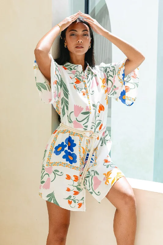 Calantha Multicolour Floral Belted Mini Dress Cozy Cotton Mini Dress