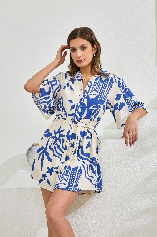 Cali Blue Abstract Belted Mini Dress Comfortable Casual Mini Dress