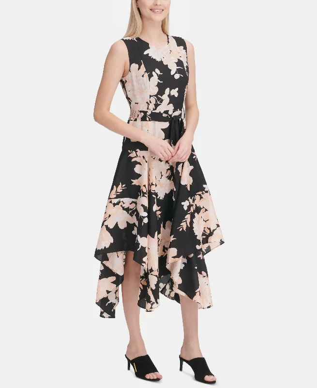 Calvin Klein Floral Handkerchief Hem Midi Dress Elegant Velvet Midi Dress