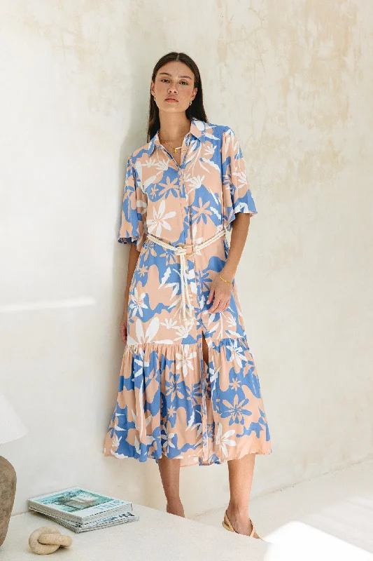 Carys Blue Orange Floral Belted Midi Dress Comfortable Ruched Midi Dress