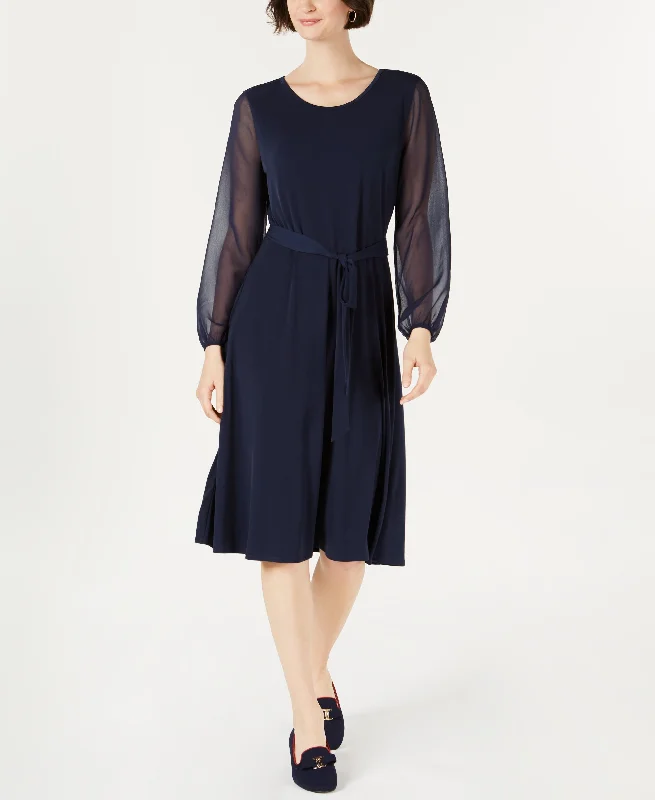 Sheer-Sleeve Midi Dress Stylish Off-Shoulder Ruffle Dress