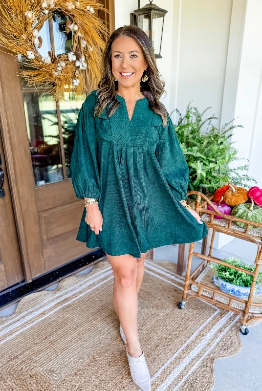 Classic Autumn Mini Dress in Hunter Green Casual V-Neck Mini Dress